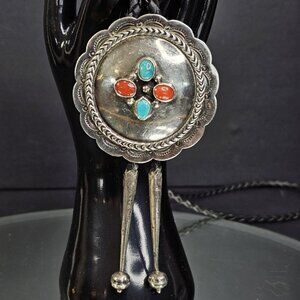Navajo Turquoise And Coral Sterling Silver Bolo Tie Native American Vintage